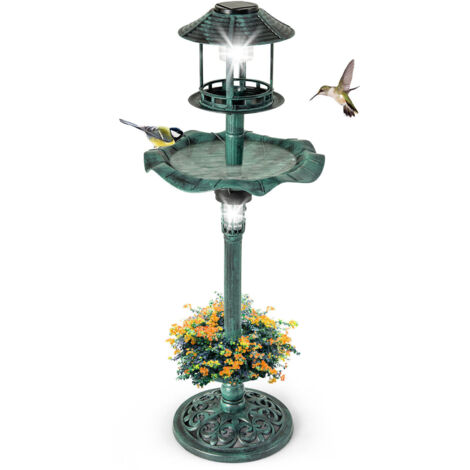 COSTWAY Solar Outdoor Bird Bath Antique Lighted Birdbath & Feeder Combo Decoration (1/5)