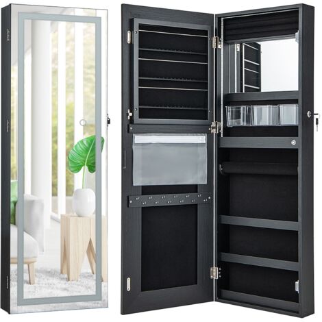 COSTWAY 108cm Jewelry Mirror Cabinet Lockable Jewelry 3-Color LED Lights-Black (1/5)