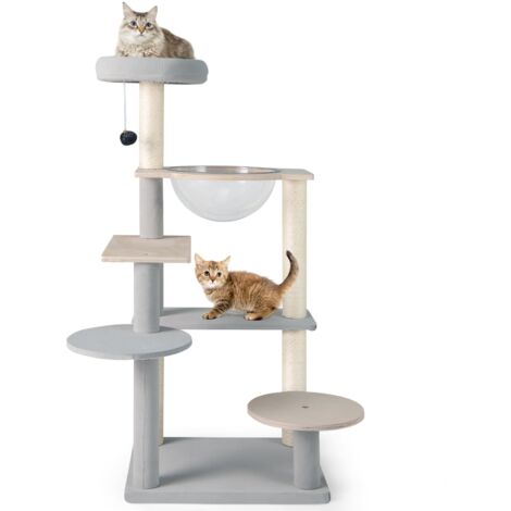 COSTWAY Modern Cat Tree 113cm Multi-level Cat Tower w/Jumping Platforms-Natural (1/5)