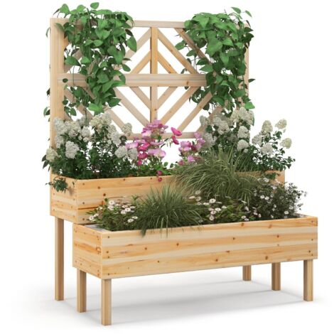 COSTWAY Wood 2-Tier Raised Garden Bed w/Trellis Elevated Planter Box Containe-Natural
