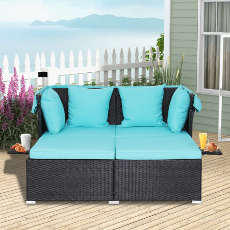 Outdoor Hand-Woven PE Wicker Daybed Patio Loveseat Sofa Set-Turquoise (1/5)