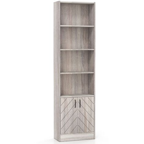 COSTWAY 6-Tier Bookshelf 180cm Tall Bookcase w/4 Open Cubes & Double Doors Grey