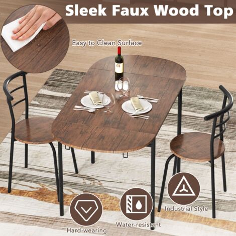 COSTWAY 3 Pcs Foldable Dining Table Set Expandable Kitchen Breakfast Table-Brown