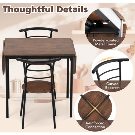 COSTWAY 3 Pcs Foldable Dining Table Set Expandable Kitchen Breakfast Table-Brown