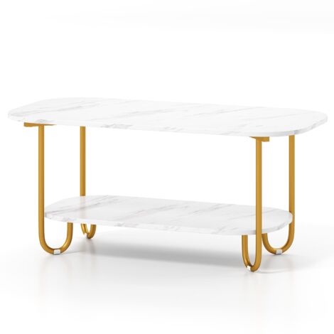 COSTWAY Faux Marble Top Coffee Table Office Modern 2-tier Tea Table-White
