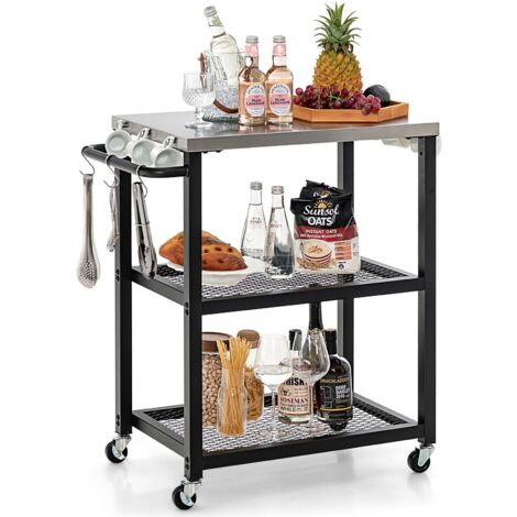 COSTWAY 3-tier Outdoor Grill Cart on Wheels Pizza Oven Stand Trolley Stainless Steel Top (1/5)