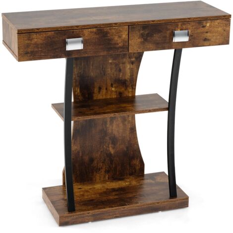 COSTWAY Console Table for Small Space T-Shaped Foyer Table w/Dual Drawers-Coffee