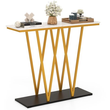 COSTWAY Console Table 100cm Extra Long Entry Table w/ Faux Marble Top-White