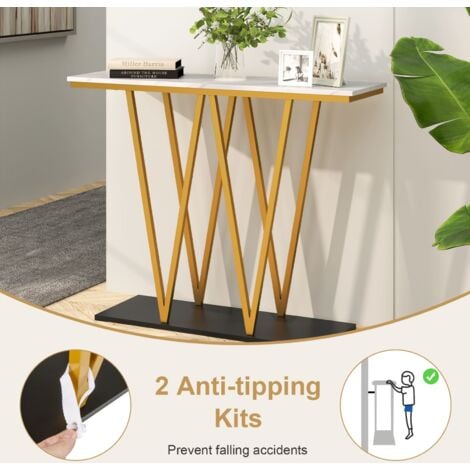 COSTWAY Console Table 100cm Extra Long Entry Table w/ Faux Marble Top-White