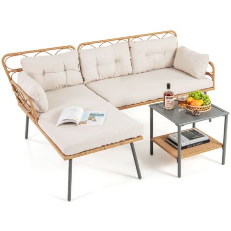 COSTWAY 3 Pcs Corner Patio Furniture PE Rattan L-Shaped Cushioned Sofa Set-Beige (1/5)