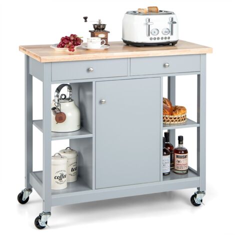 COSTWAY Mobile Kitchen Island Cart Rolling Kitchen Island w/4 Open Shelves Grey (1/5)