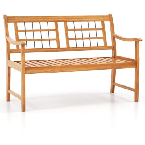 COSTWAY Patio Acacia Wood Bench Wooden 2-Person Outside Chair-Natural (1/5)