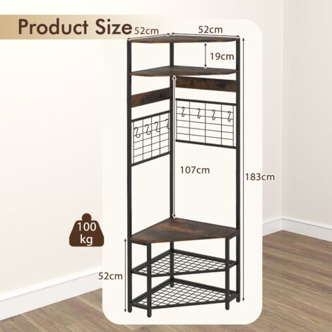 COSTWAY Corner Hall Tree Hallway 5-Tier Coat Rack w/Shoe Storage Bench-Coffee