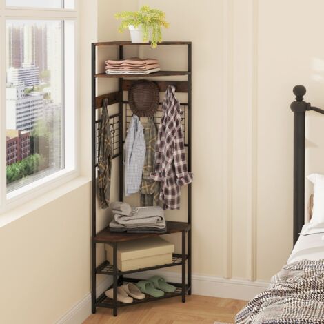 COSTWAY Corner Hall Tree Hallway 5-Tier Coat Rack w/Shoe Storage Bench-Coffee