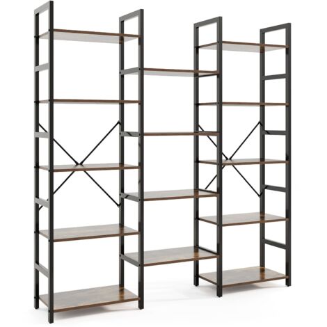 COSTWAY Industrial Bookshelf Triple Wide Heavy-duty Metal Frame Bookcases-Brown (1/5)