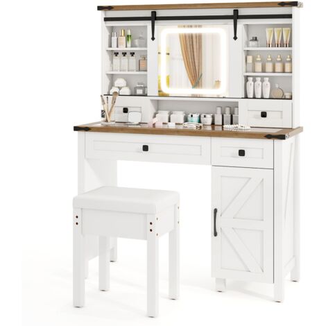 COSTWAY Makeup Vanity Desk Dressing Table & Stool Set w/ Mirror & Lights-White (1/5)