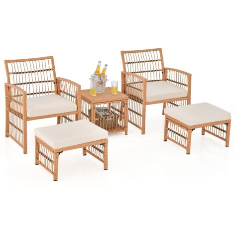 COSTWAY 5 Piece Patio Wicker Sofa Set Outdoor Rattan Conversation Set w/ Seat Cushions (1/5)