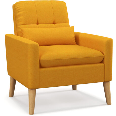 COSTWAY Mid-century Modern Accent Chair Linen Fabric Reading Armchair w/Lumbar Pillow
