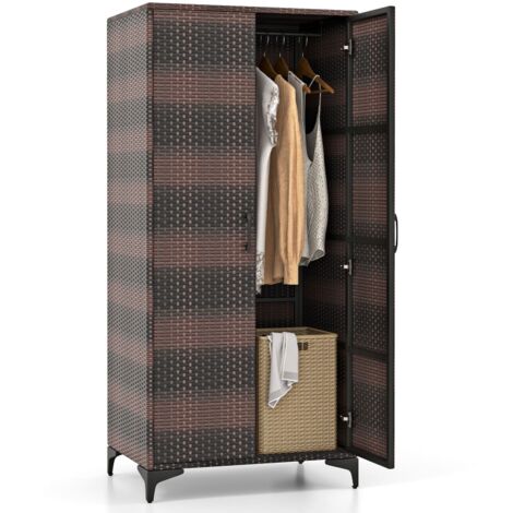 COSTWAY Wicker Wardrobe PE Rattan Wardrobe Armoire Closet w/ Hanging ...