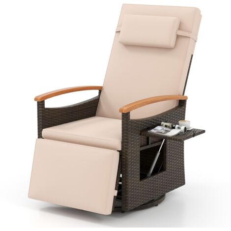 COSTWAY 360° Swivel Rattan Recliner Chair Patio Wicker Chaise Lounge Chair-Beige (1/5)