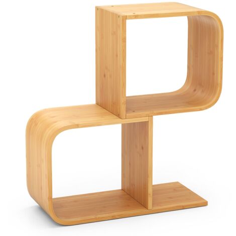 COSTWAY 2-Tier S-Shaped Bookcase Bamboo Bookshelf w/2 Open Cubes-Natural (1/5)