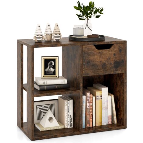 COSTWAY 3-Cube Bookcase 2-tier Wooden Storage Shelf w/ Drawer-Coffee (1/5)