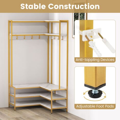 COSTWAY Corner Garment Rack L-shaped Clothes Rack w/ Open Shelves-White