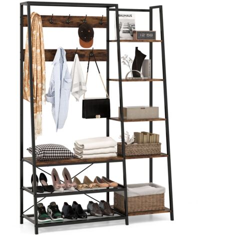 COSTWAY 5-in-1 Entryway Bench Industrial Coat Rack Shoe Bench with 9 Hooks (1/5)