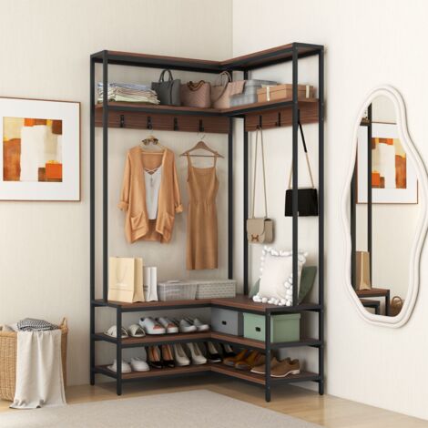 COSTWAY Corner Garment Rack L-shaped Clothes Rack w/ Open Shelves-Walnut