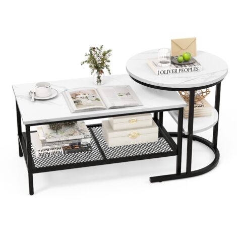 COSTWAY Set of 2 Coffee Nesting Table Set Detachable 2-Tier Sofa Side Table Faux Marble (1/5)