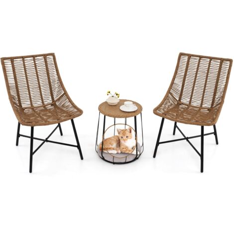 COSTWAY 3 Piece Outdoor Furniture Set Heavy Duty Patio Chairs w/Pet House-Brown (1/5)