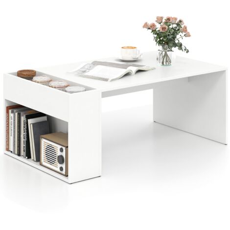 COSTWAY Coffee Table 85cm Coffee Table with Double-Layer Storage Space White (1/5)