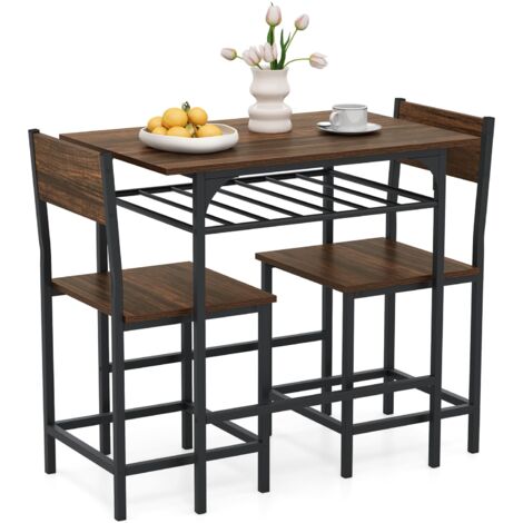 COSTWAY Dining Table Set for 2 3-Piece Wood Rectangular Table & Chair Set w/ Metal Frame Coffee