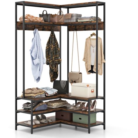 COSTWAY Corner Garment Rack L-shaped Clothes Rack w/ Open Shelves