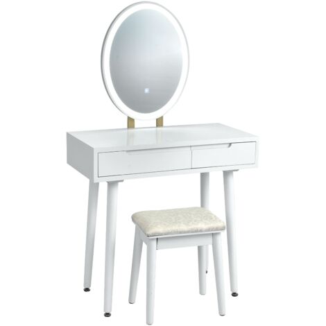 COSTWAY Vanity Table Set with Lighted Mirror & 3 Color Lighting Modes-White (1/5)