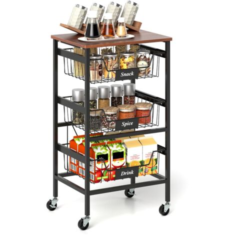 COSTWAY 4-Tier Kitchen Storage Cart Mobile Utility Cart w/Wooden Top-Black (1/5)