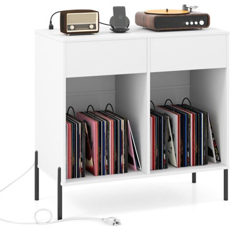 COSTWAY Record Player Stand Double Wide Turntable Stand w/ Power Outlets-White