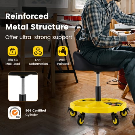 COSTWAY Rolling Garage Stool 54-67cm Adjustable Rolling Mechanic Stool-Yellow