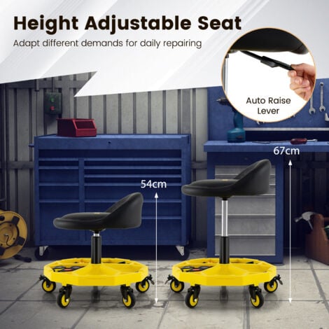 COSTWAY Rolling Garage Stool 54-67cm Adjustable Rolling Mechanic Stool-Yellow
