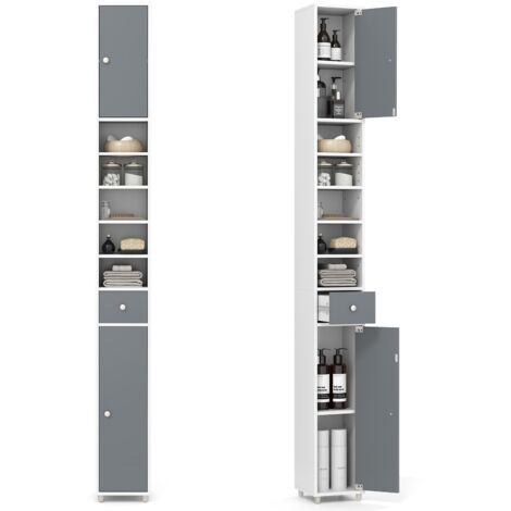 COSTWAY Slim Bathroom Tall Cabinet Floor Storage Cabinet Organizer-Grey+White
