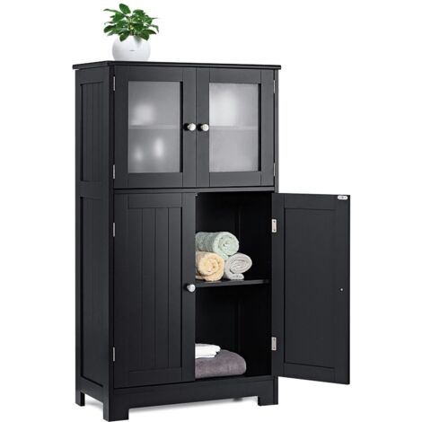 COSTWAY Bathroom Floor Cabinet Freestanding Storage Cupboard W/ 2 Tempered Glass Doors (1/5)