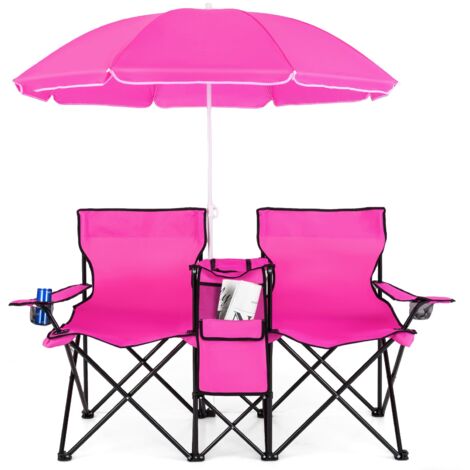 COSTWAY Folding Loveseat Camping Chair Portable Outdoor Chair Carrying Bag-Pink (1/5)