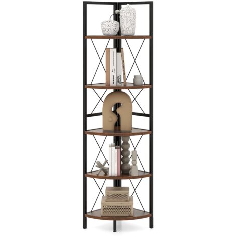 COSTWAY 5 tier Corner Bookshelf 160 CM Tall Corner Storage Shelves-Coffee