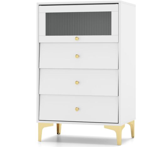 COSTWAY 3 Drawer Dresser Modern Storage Cabinet w/ Flip Up Fluted Glass Door (1/5)