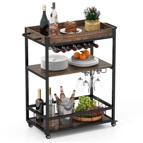 COSTWAY Home Bar Cart on Wheels Kitchen Serving Cart w/Removable Tray-Brown (1/5)