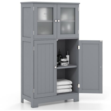 COSTWAY Bathroom Floor Cabinet Freestanding Storage Cupboard W/ 2 Tempered Glass Doors (1/5)