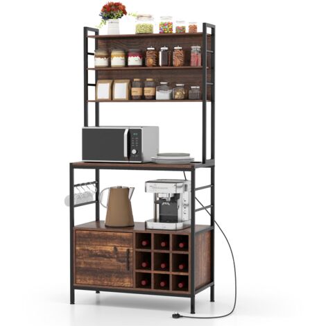 COSTWAY Bakers Rack Coffee Bar Cabinet w/ Heavy-Duty Metal Frame Rustic Brown