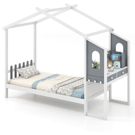 COSTWAY Single House Bed Wood Montessori Bed Frame Playhouse Bed w/Desk (1/5)