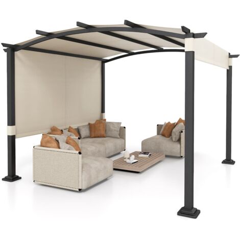 COSTWAY 305 x 305 cm Outdoor Pergola w/Retractable Sunshade Canopy-Beige