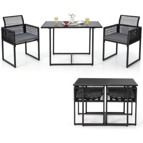 COSTWAY 3 Pieces Outdoor Dining Set Patio PE Rattan Furniture Set-Gray